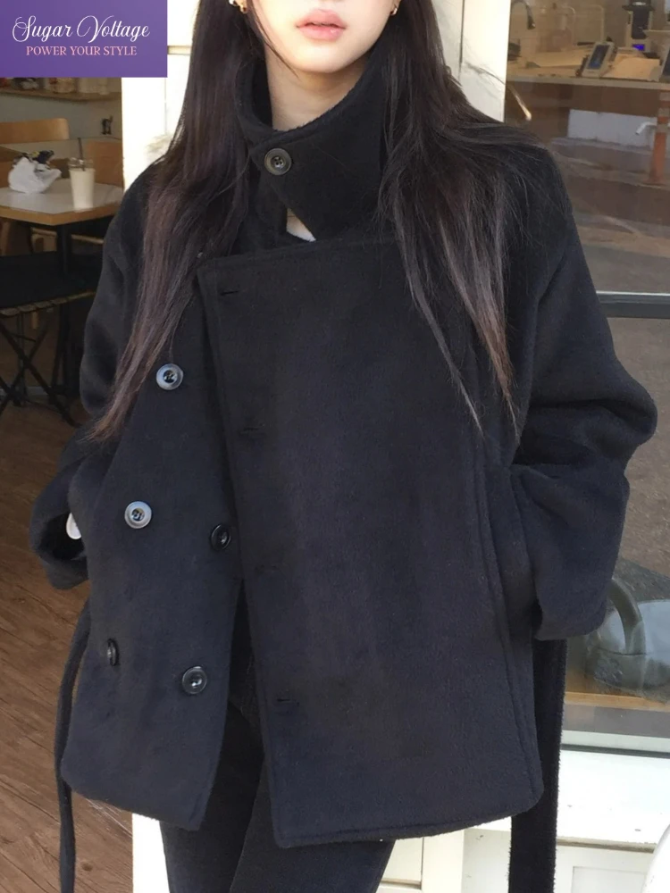 Französischer einzigartiger Vintage-Wollmantel für Damen, lockerer Stehkragen, Krawattengürtel, lange Jacke, einfarbig, elegante Büro-Casual-Oberbekleidung