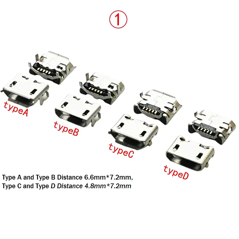 10pcs Micro USB 2.0 Connector 5Pin Female Phone Charging Plug Socket USB 2.0 Jack Soldering Distance 4.8/6.6mm*7.2mm