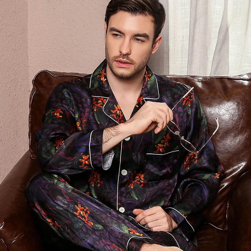 Winsleter, 19MM 100%Real Silk Casual Pajama Set, Men Print Top Pants, Fashion Comfortable Sleep Homewear, Autumn Winter S40616CC