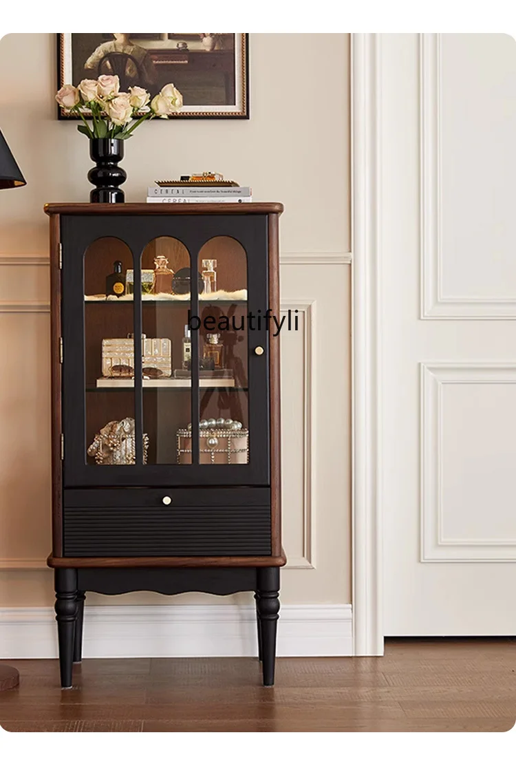 

French retro solid wood wine cabinet, shelf against the wall, living room home sofa side cabinet storage