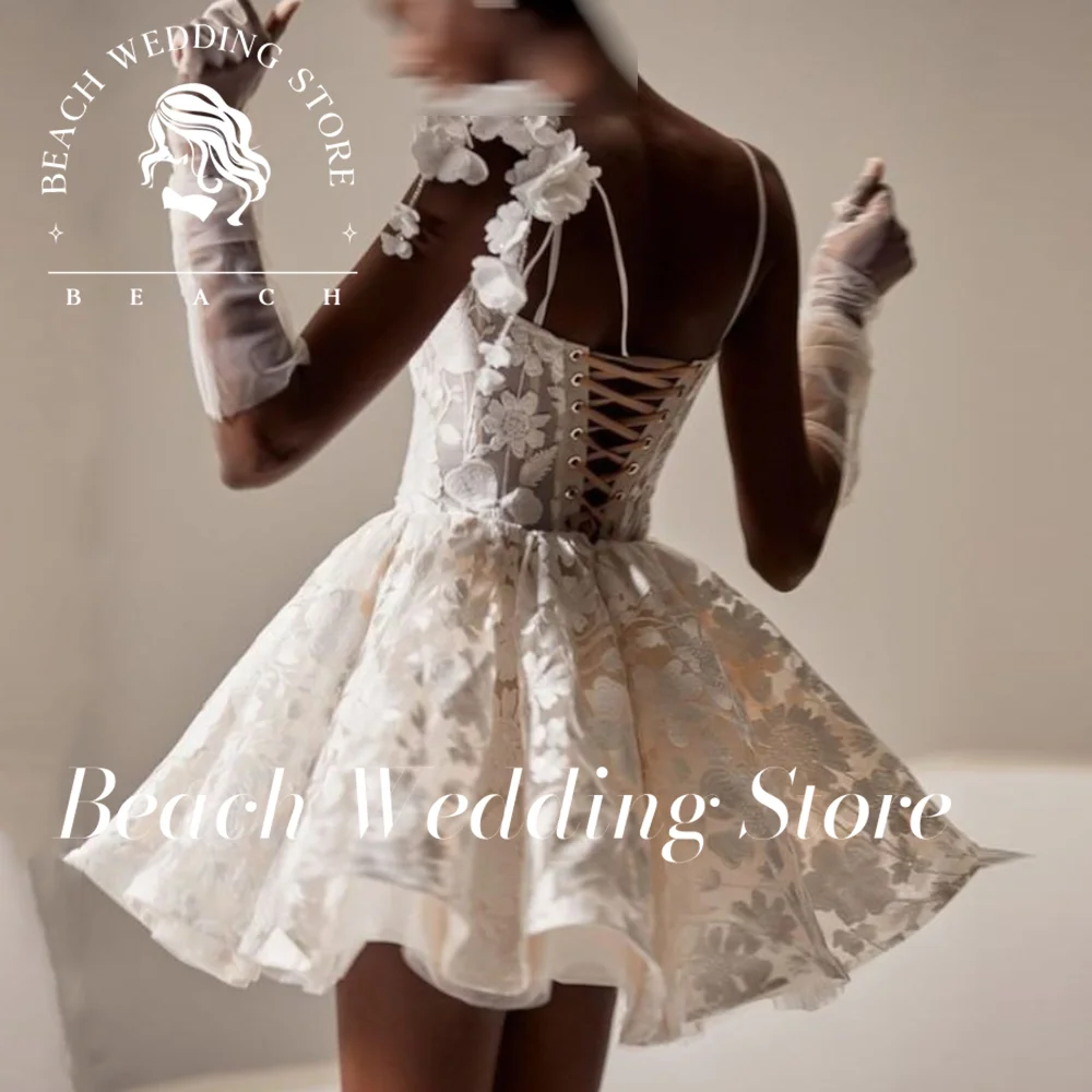 Beach Customized Short Sweetheart Wedding Dresses For Women Lace Appliques Spaghetti Straps A Line Above Knee Simple Bridal Gown