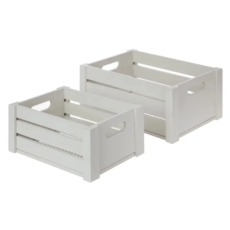 

New Upgrade Grey Wood and Wire Storage Basket Set with Handles, 2 Piece