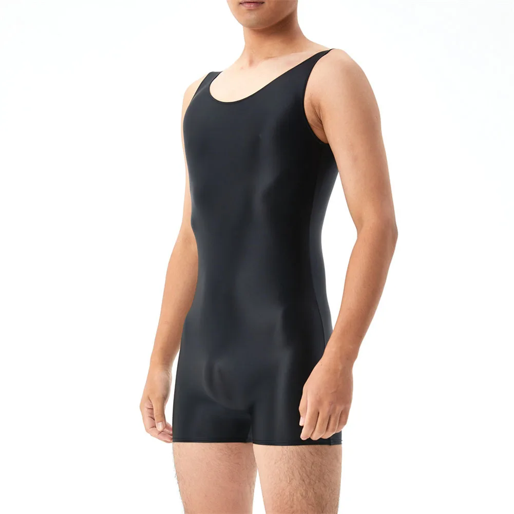 Stretchy Bodysuit Jumpsuit Tank Leotard Bodystocking Slim Bodysuit untuk pria pakaian dalam tanpa lengan Glossy Thong Singlet Sport Leotard