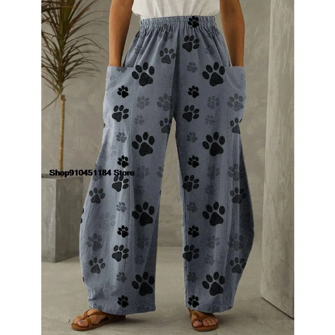 Women Elastic Waist Retro Lantern Dog Paw Print Pants Oversized Girls Pants European American Style Pant Loose Long Trousers