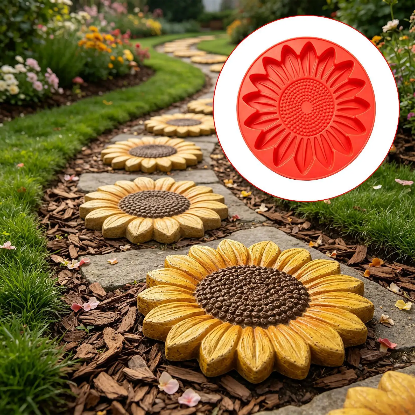 Sunflower Mold for Concrete Reusable Round Path Paver Mould Sunflower Concrete Mold for Outdoor Landscape Lawn Patio Pathway