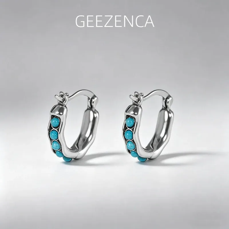 GEEZENCA 925 Sterling Silver Turquoise Huggie Hoop Earrings For Women Simple Trendy Dainty Lightweight Stackable Earring Gift