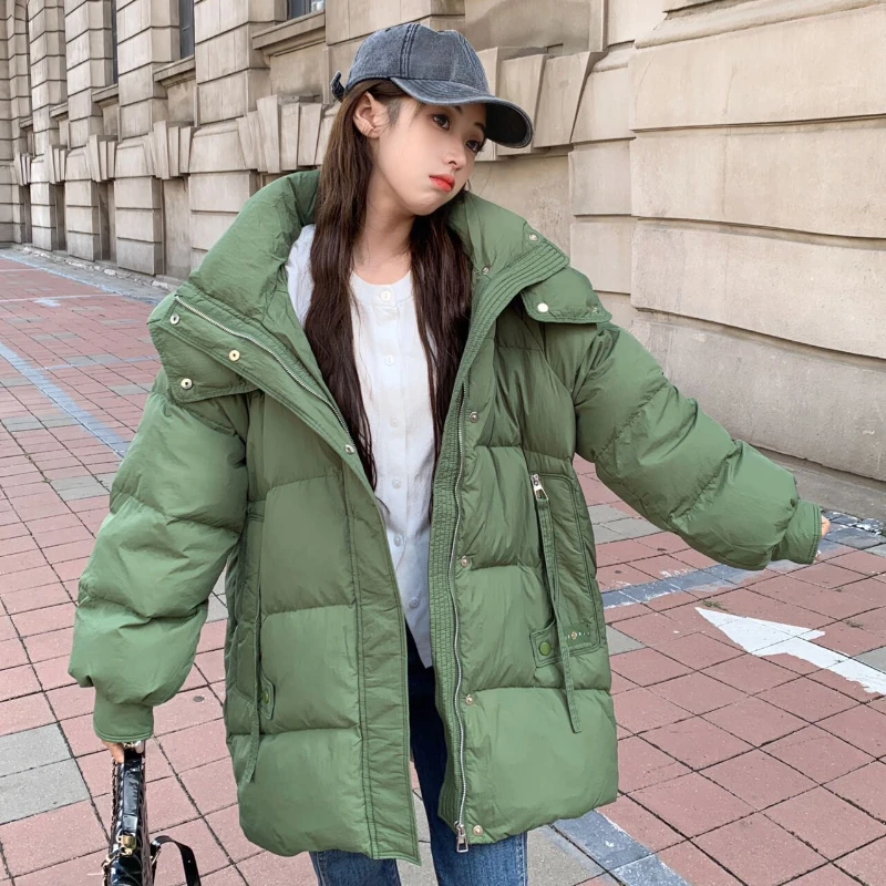 Women's Loose Hooded Mid-length Down Coat, Korean Simple Casual Zipper Outerwear, Thickened Warm Coats, Female Winter Coat