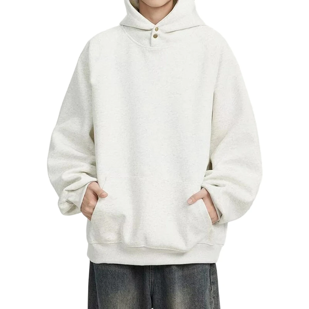 Men\'s Casual Streetwear Hoodie Plush Material Long Sleeve Solid Color Loose Fit Hooded Sweatshirt for Everyday Outdoor Use