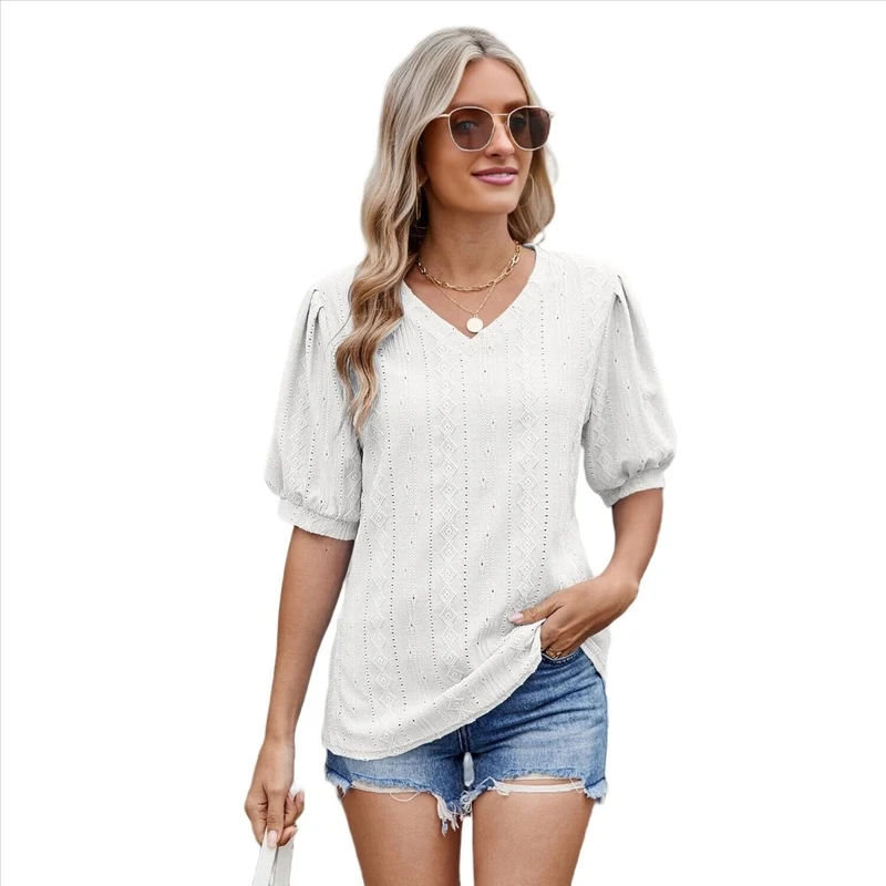 Women T-Shirt Solid Color V Neck Short Sleeve Fashionable High Quality New Arrival Trendy Comfortable Premium
