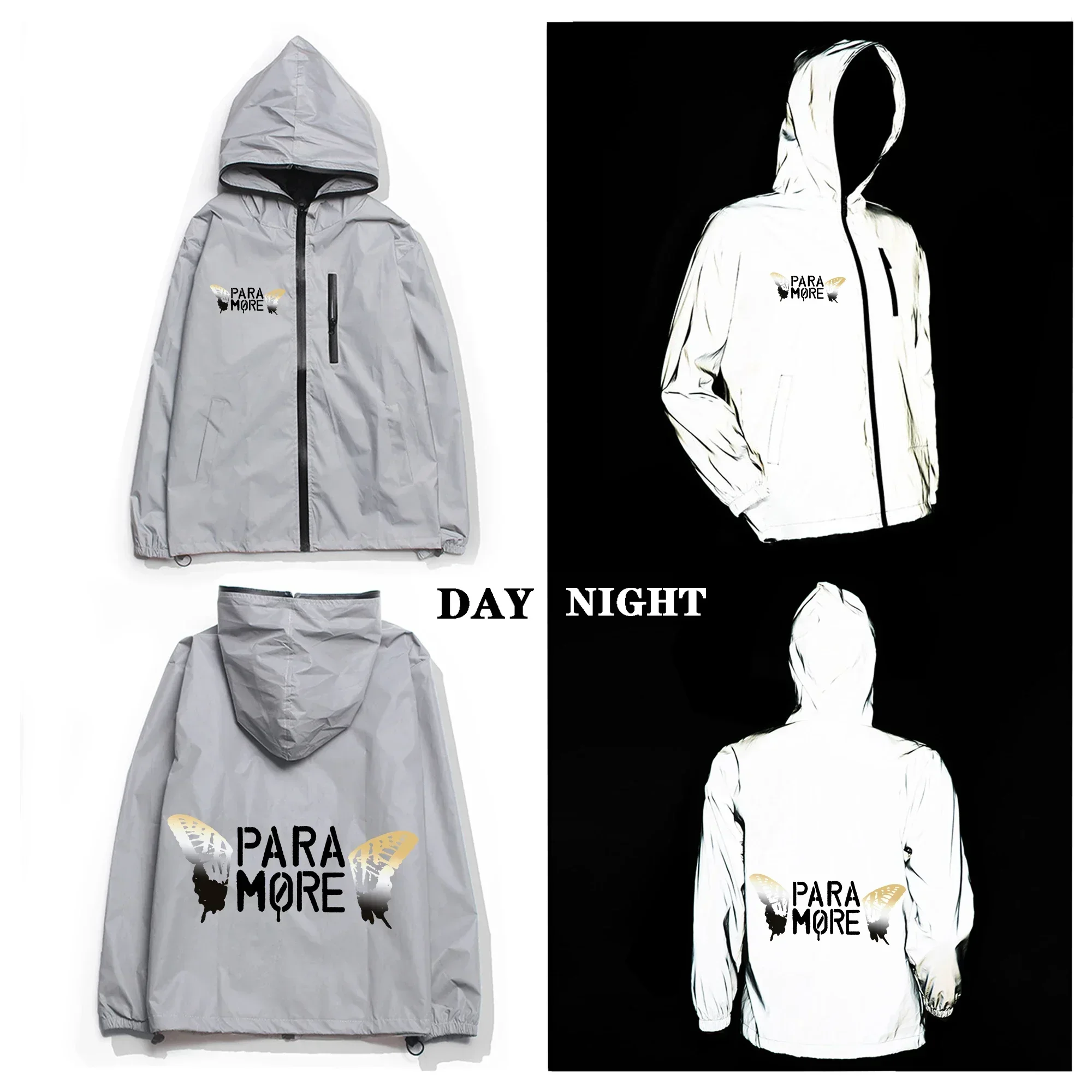 Paramore Band RIOT! Reflective Jacket Mens Womens Coat Hooded Windbreaker Run Pocket Jackets Cycling Hiking Zipper Custom Hoodie