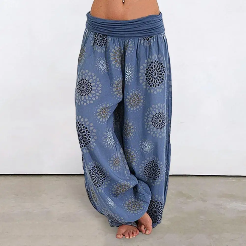 

Women Harem Pants Retro Ethnic Print Elastic Mid Waist Loose Deep Crotch Baggy Linen Wide Leg Trousers Bloomers Long Harlan Pant