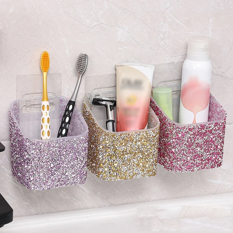 Luxury Rhinestone Wall Mounted Toothbrush Holder Bathroom Storage Holder Non Perforated Toothpaste Holder Kitchen Accessories