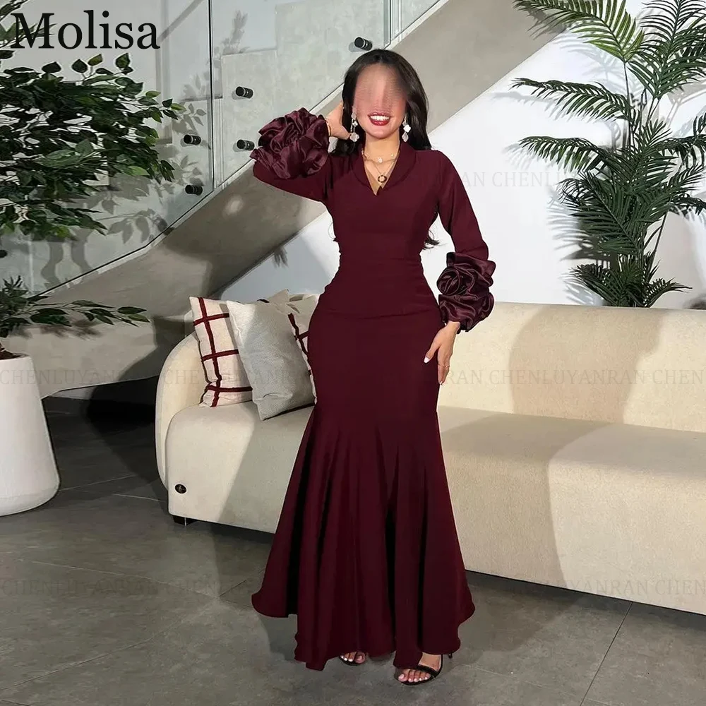 

MOLISA Vintage Mermaid Formal Occasion Dresses Long Sleeves Prom Dress V-Neck Pleat Ankle-Length Evening Dresses فساتين الحفلات