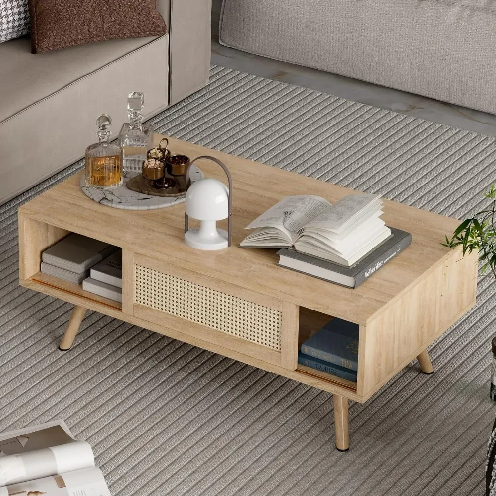 Rattan Coffee Table Mid Century Modern Coffee Table with Storage 41.3 Inch Wooden Accent Center Sofa Table