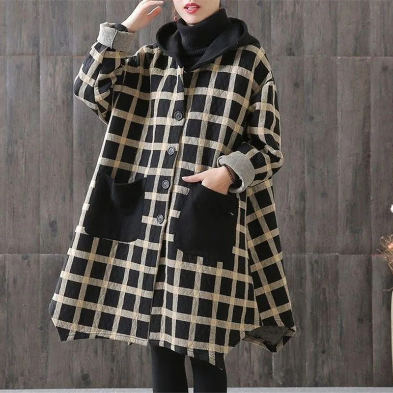 

Women Autumn Jacket Korean Large Size Hooded Plaid Cotton Padded Coat Female Casual Loose Overcoat Femme Windbreaker