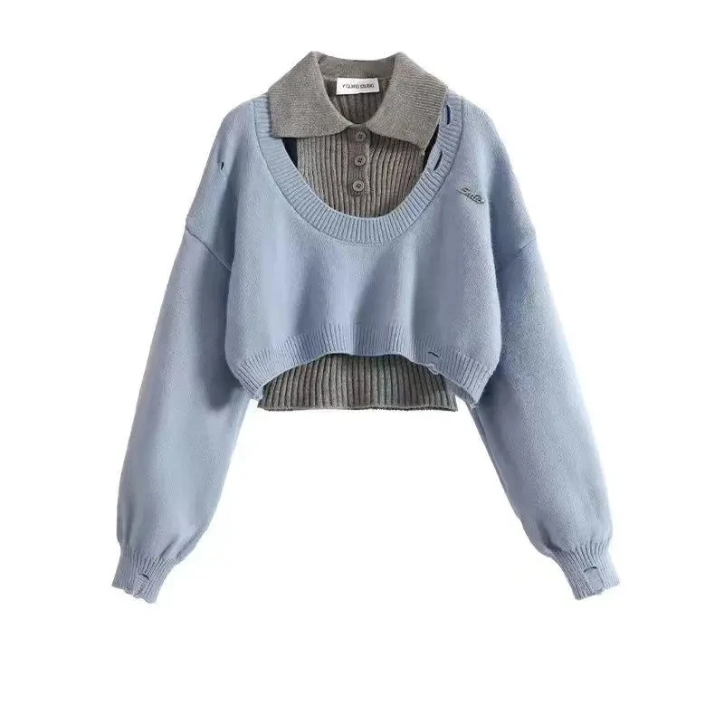 American Style Short Sweater Women's Autumn Winter Wear Two-Piece Set Knitted Sweater And Vest Top outfit knitted Pullover Shirt