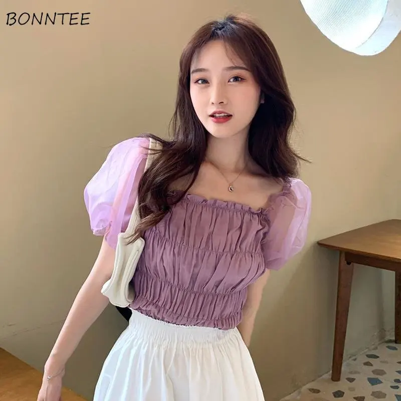 Women Blouse Sweet Solid Simple Popular Elegant Puff Sleeve Summer All-match Square Collar Korean Style Slim Casual Design Cozy