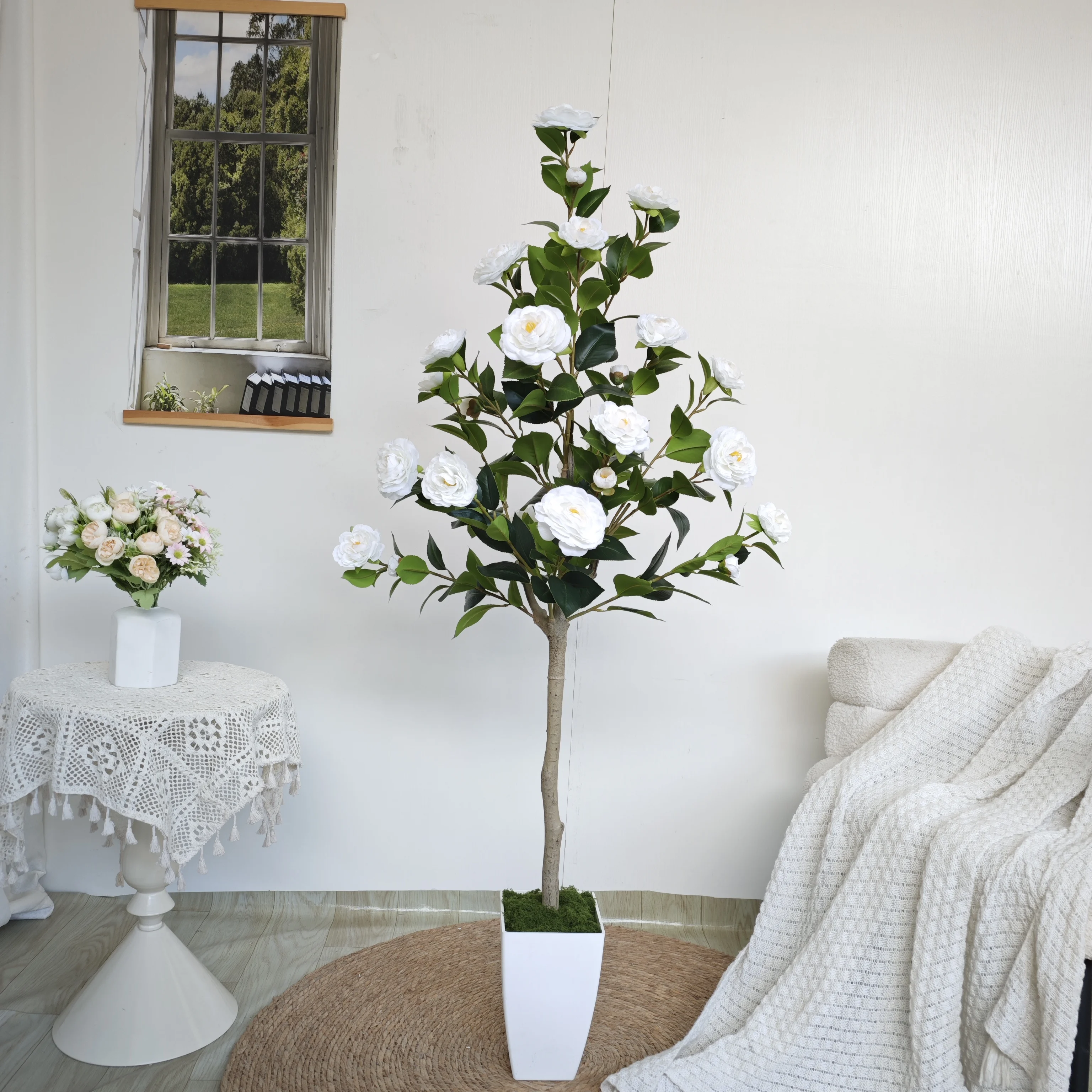 

Artificial Camellia Tree Real Touch 140CM Large Fake Plants Suitable for Garden Wedding Party Family Living Room Decoration