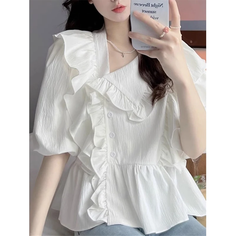 

Summer New Fashionable French Style Irregular Short Sleeved Shirt for Women's Summer Loose Slim Doll Neck Unique Small Shirt Top