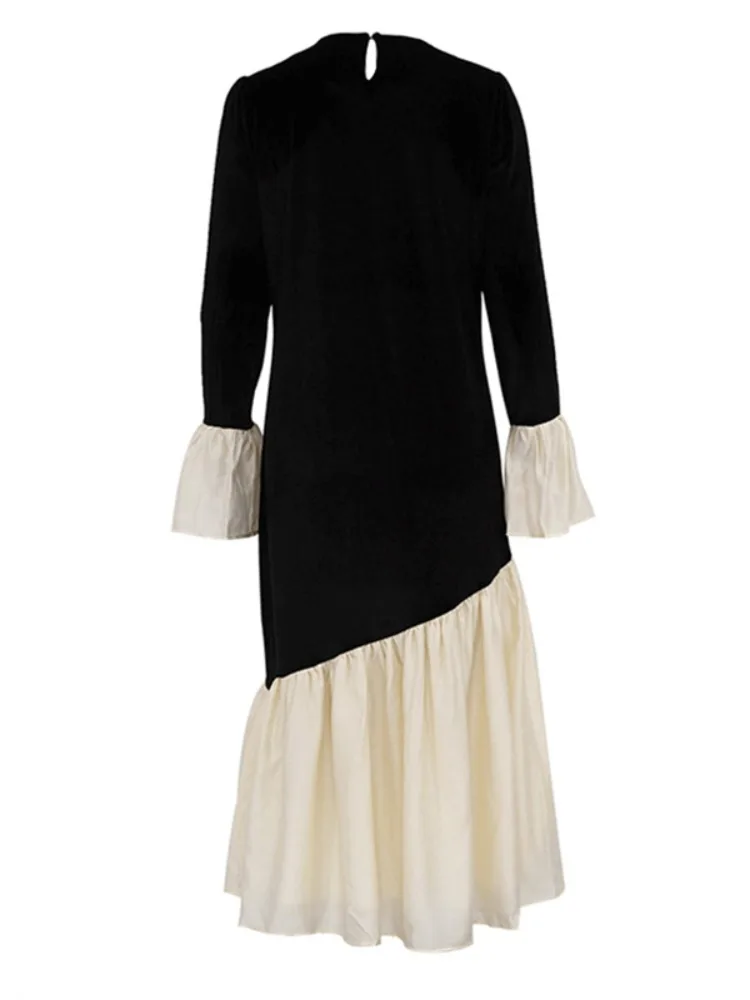 Freeacy vestido feminino solto de veludo, cor contrastante, mangas largas, vestido de festa plissado, moda outono, vestidos com articulação dividida