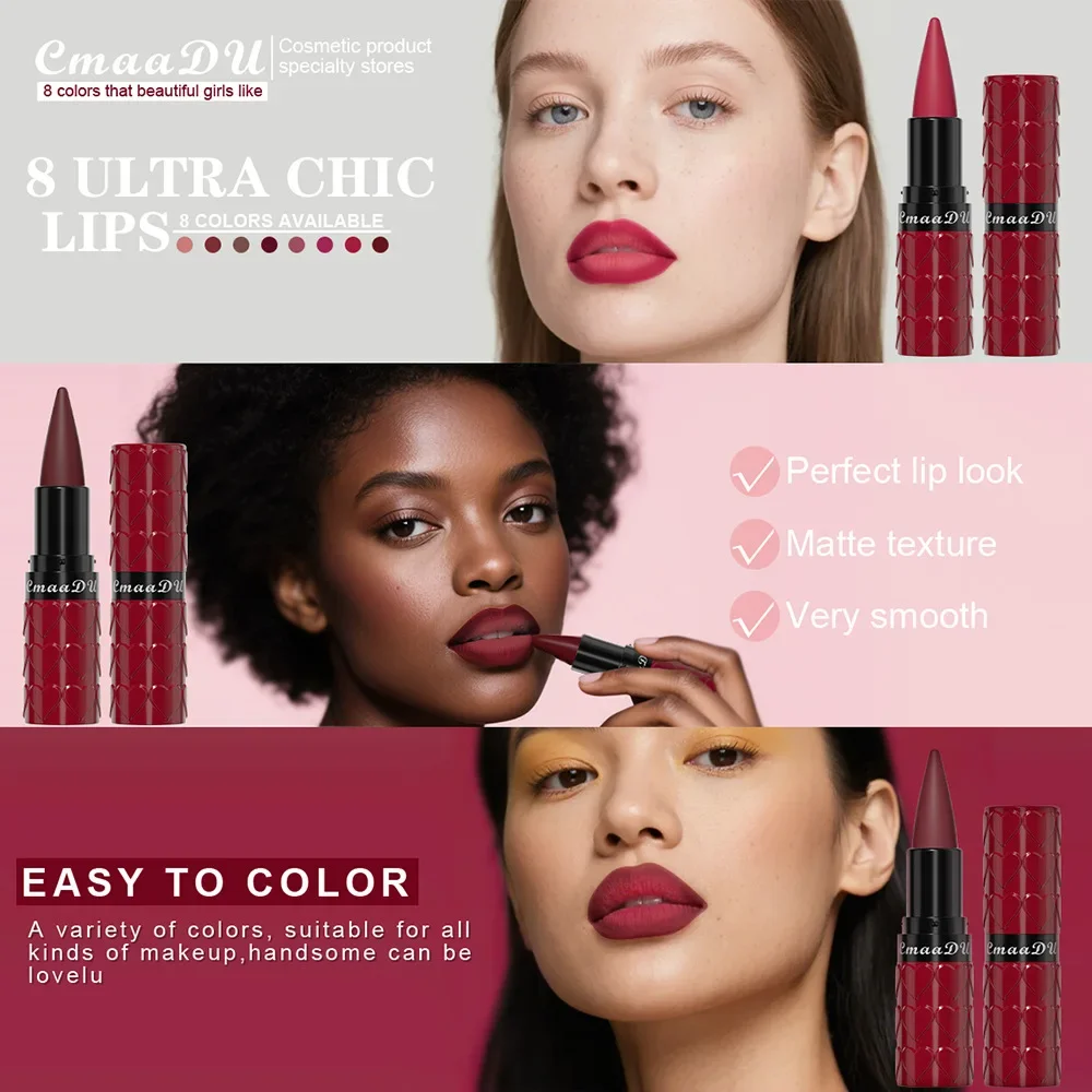 Matita per rossetto marrone rosso nudo sexy Velluto opaco Non appiccicoso Lucidalabbra solido impermeabile a lunga durata Trucco per labbra