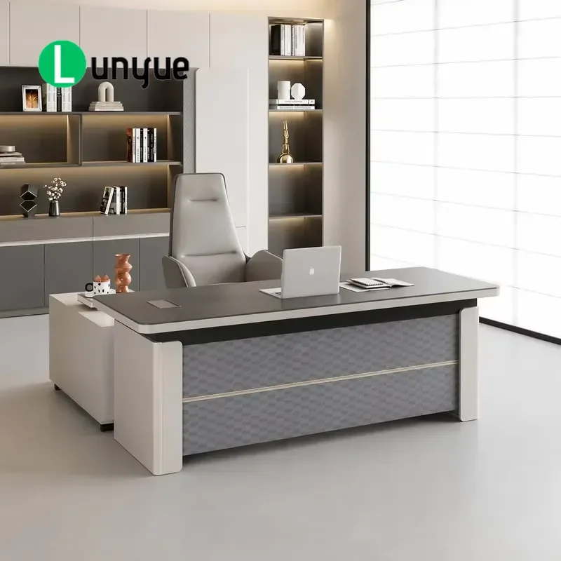 Modern L-Shaped Executive Desk with Turret Geometric Panel Gold Trim for Manager Supervisor Office Furniture Stylish Design