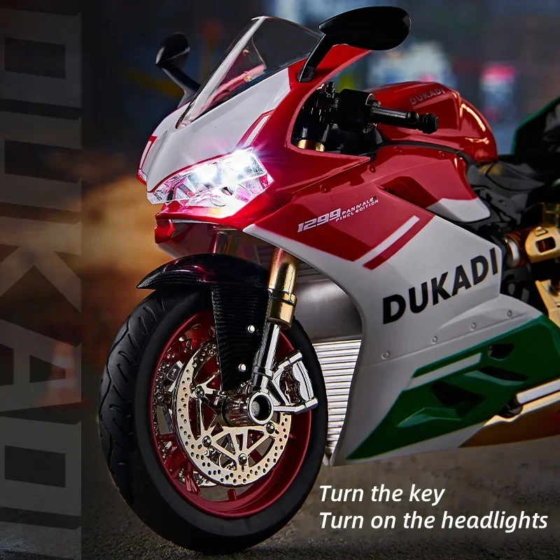 โมเดลรถมอเตอร์ไซค์ 1:9 1199 Panigale ผลิตจากโลหะผสมแบบหล่อขึ้นรูป พร้อมเสียงและไฟ ของเล่นรถออฟโรด ของสะสม พร้อมฟังก์ชั่นพ่นสี