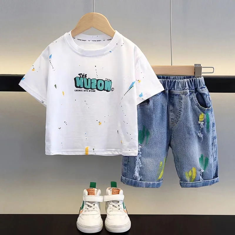 Summer Baby Kids Clothes Boy Sets Toddler Boys Cotton Sleeve T-shirt +Denim Shorts 2Pcs Children Outfits 1 2 3 4 5 6Y