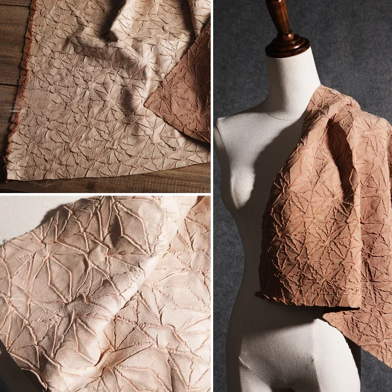 Brown Three-dimensional Texture Suede Stone Flower Double-sided Dual Color Pleated Embroidery Reconstructed Leather Fabric