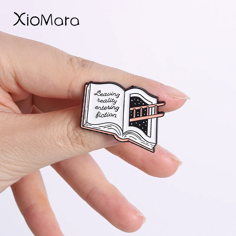 Book-Shaped Enamel Pins Leaving Reality Entering Fiction Brooches Fashion Lapel Badge Backpack Clothes Jewelry Gift for Friends