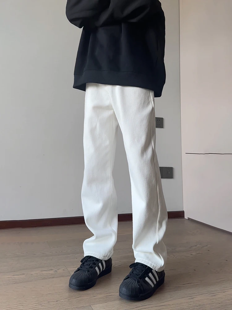 

Белые прямые мягкие джинсы для мужчин, весенне-осенние, в американском стиле High Street, утягивающие, свободного кроя, с расклешенными штанинами