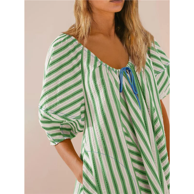 Abito da donna con pagliaccetto a righe oversize, pantaloncini, tuta, abiti da vacanza al mare con tasche-A55G