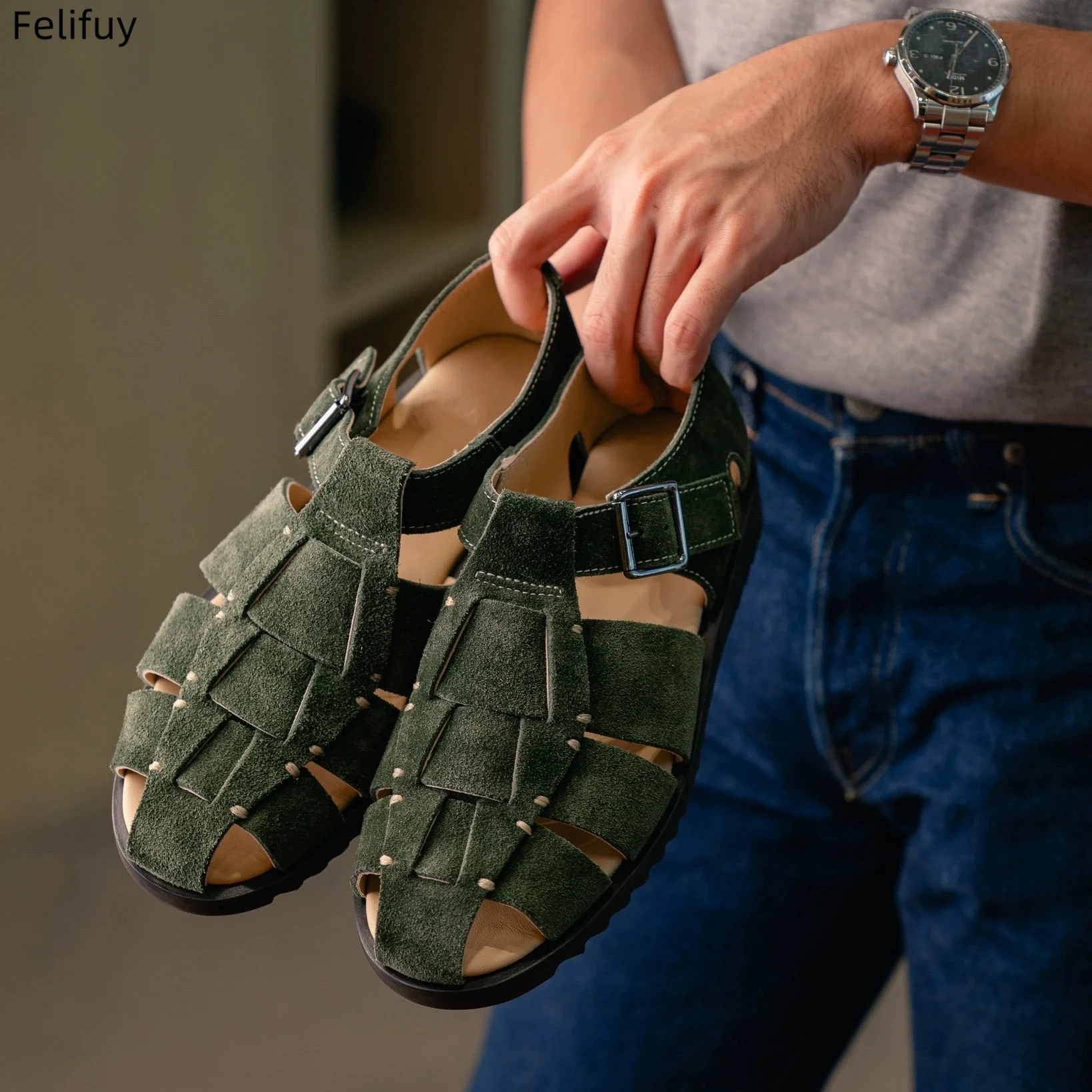 England Style Retro Versatile Flat Genuine Leather Breathable Male Gladiator Leisure Buckle Strap Cowhide Hollow Out Sandals