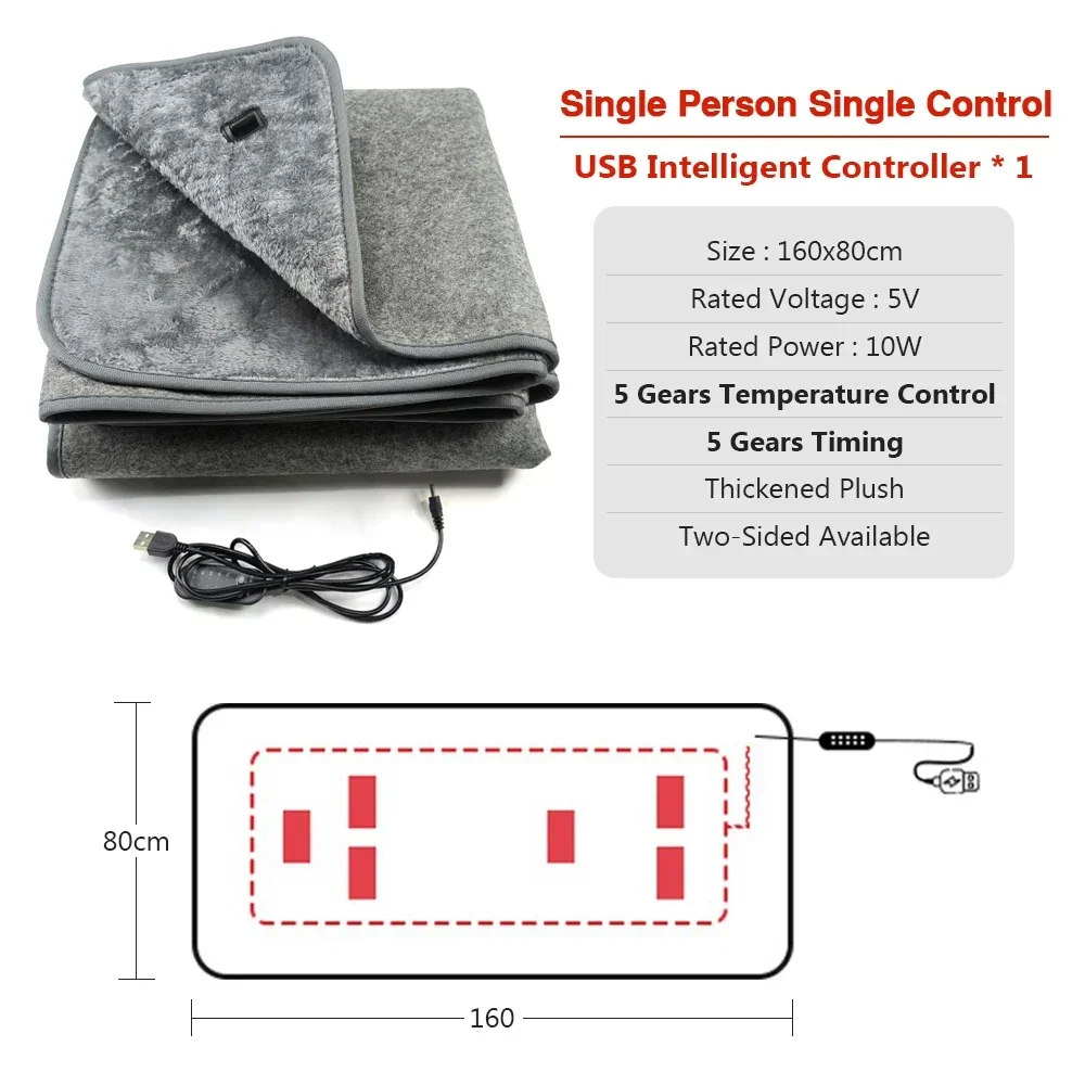 Koc elektryczny USB 5v Pojedynczy Podwójny Gruby Długi Aksamit Pięć prędkości Regulacja temperatury Pięciobiegowy rozrządu Ochrona przed przegrzaniem