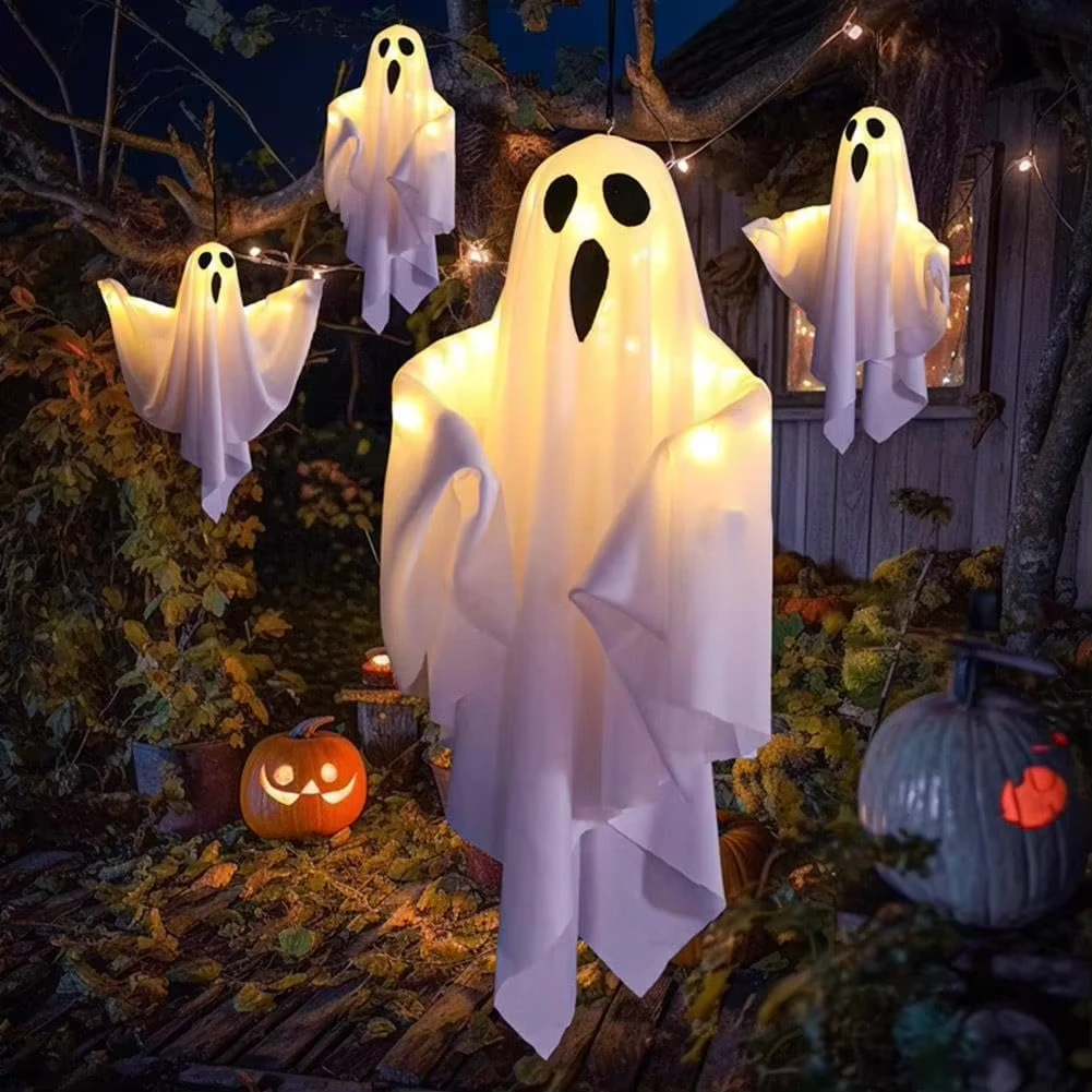 DIY White Ghost Halloween Decoration LED Hanging Light Emitting Styling Light Horror Indoor Party Decoration Atmosphere Light