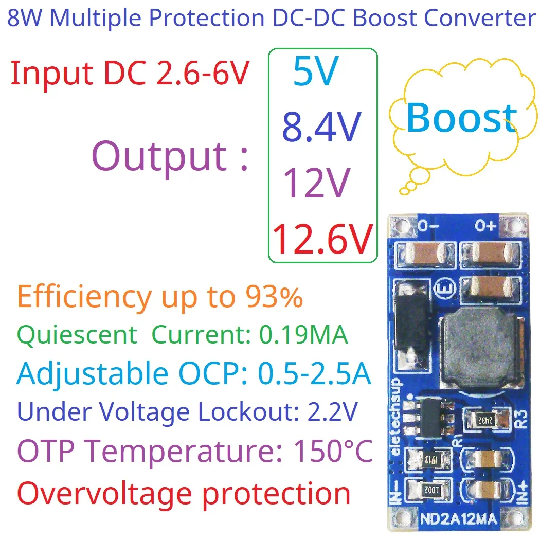 4.2V 8.4V 12.6V 1Cell to 2-3Cell Battery Voltage Doubler DC-DC Converter 3.3V 3.7V 4.2V to 5V 8.4V 12V 12.6V Voltage Booster