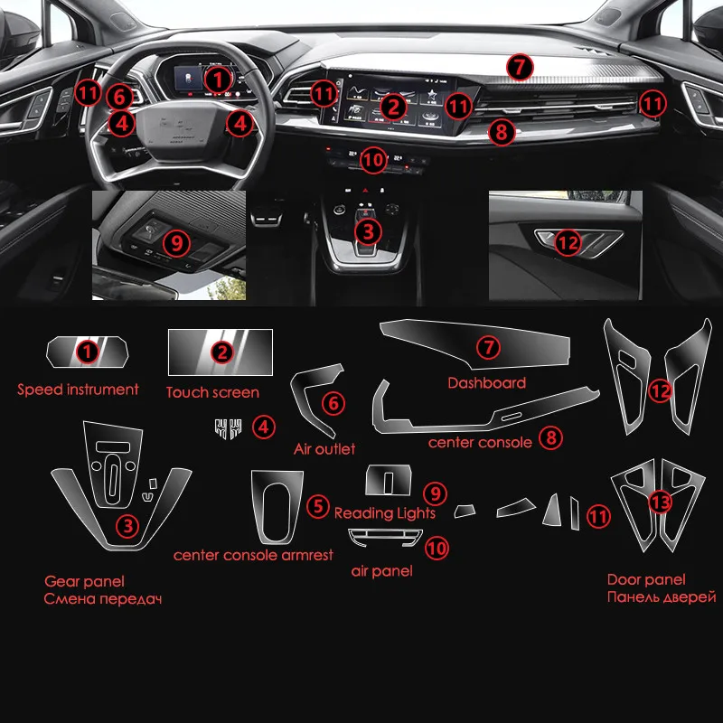 TPU Transparent Film for Audi Q3 Q4 e-tron Q5 Q7 Q8 Car Interior Sticker Center Console Gear Screen Dashboard Door Windows Panel