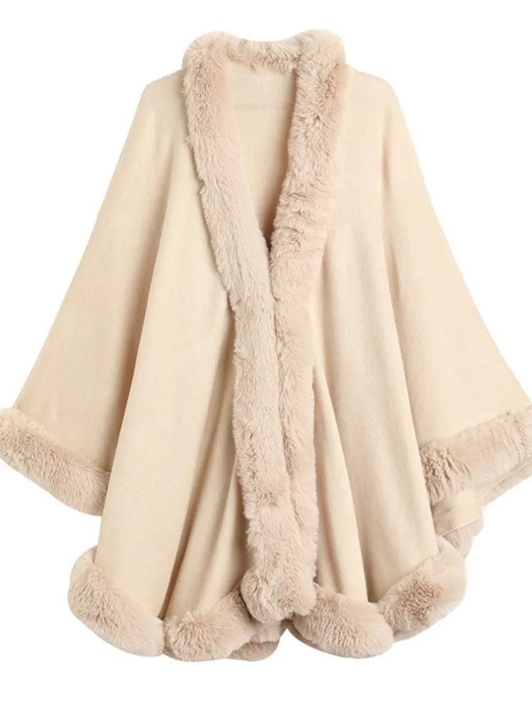 Korean Style New Imitation Rabbit Fur Collar Faux Cashmere Loose Ponchos Women Capes Coat Elegant Beige Apricot Cardigan Cloak