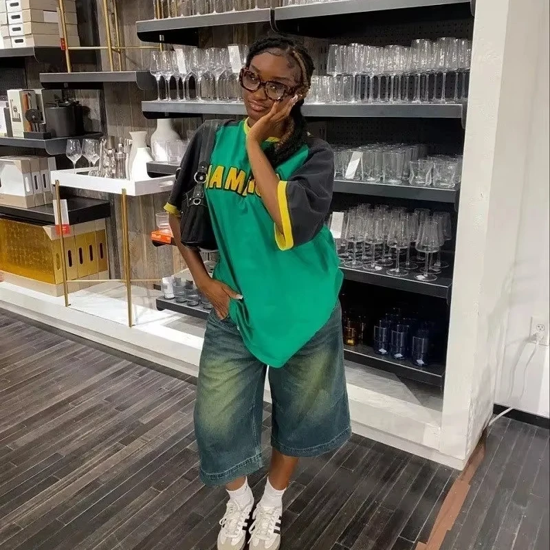 Women\'s Summer 2024 Y2K Jersey Large Long Short Sleeve T-shirt  New High Quality Pattern Printed Jamaica Fashion T-shirt