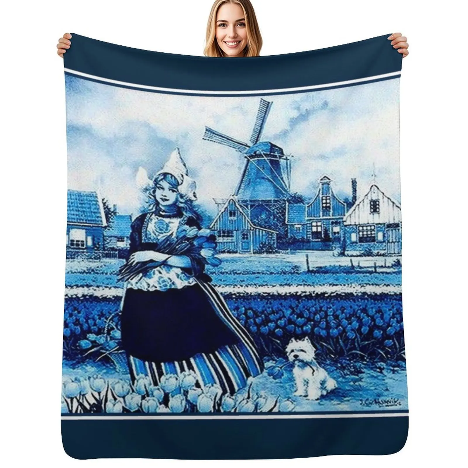 DUTCH BLUE DELFT : Vintage Windmill, Young Girl, Dog and tulips Print Throw Blanket All Season Lightweight Soft Blanket for Bed