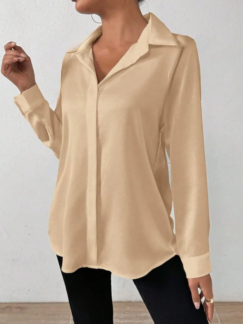 Women\'s Long Sleeve Silk-like Shirt European American Style Cross-border Clothing High-quality Fashionable Ladies Blouse