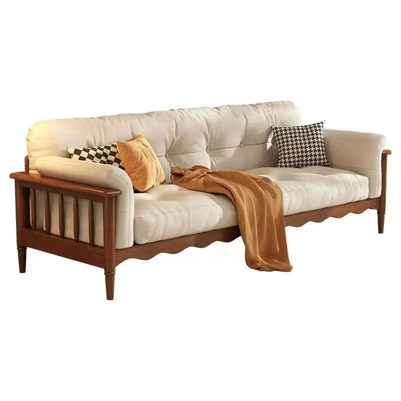

French solid wood sofa retro cloud medieval cream wind straight row fabric sofa