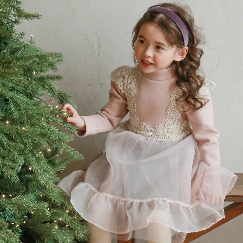 

Little Girls Vintage Dress Winter Warm Child Girl Kids Princess Tulle Lace Dresses Kids Birthday Party Frock Children Clothes