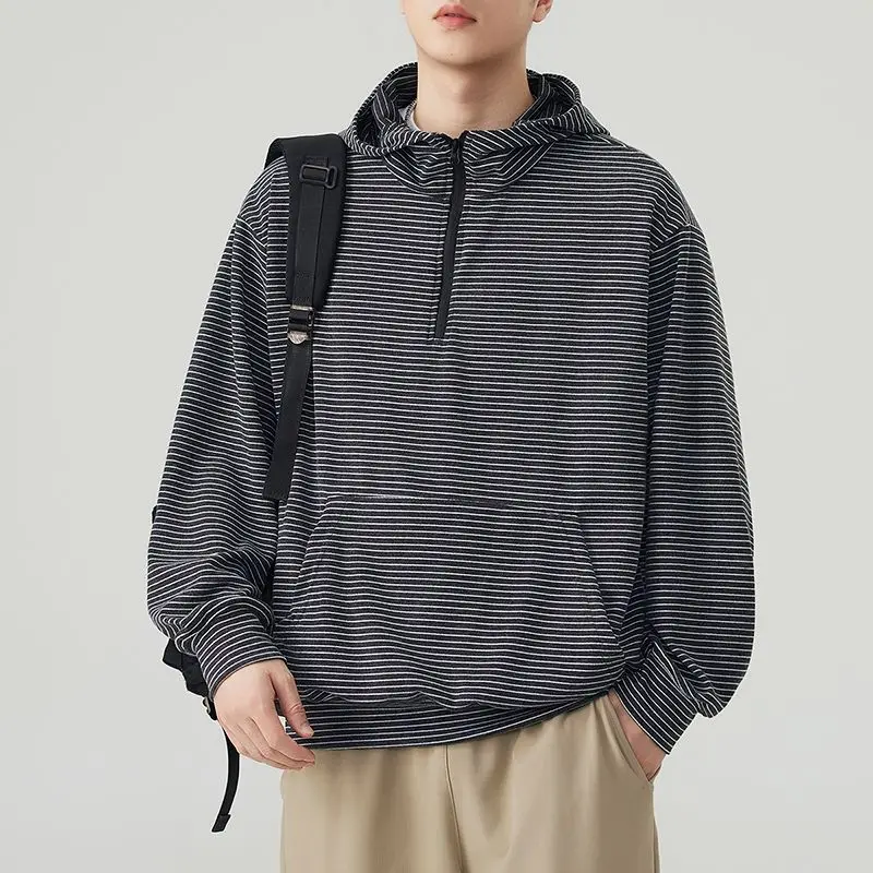 2026 Autumn and Winter New Striped Half-zipper Hooded Sweater Men's Loose Simple Commuter Top