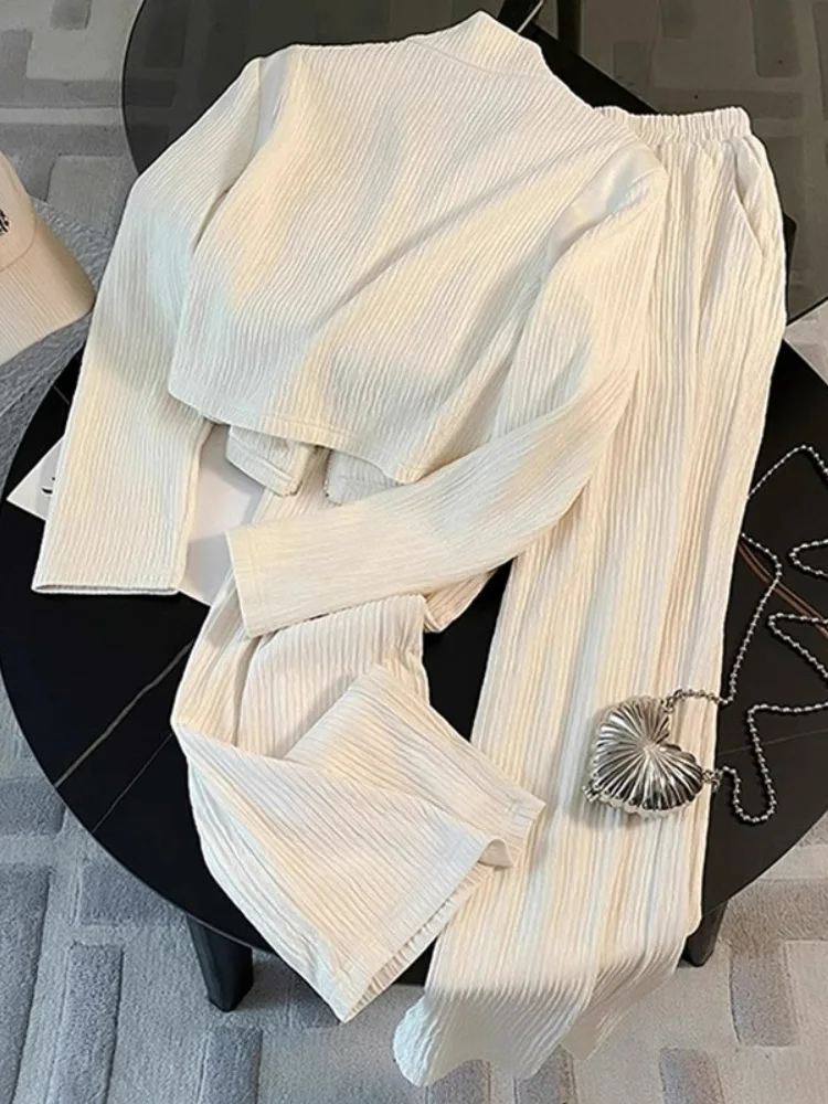 Autumn Winter Women's Casual Sports 2Pcs Clothing Sets 2024 New Solid Long Sleeved Lapel Jacket High Waisted Wide Leg Pants Suit