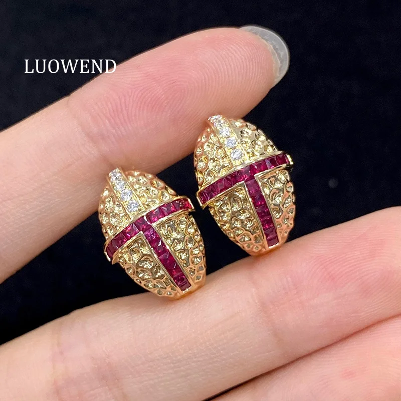 LUOWEND 100% 18K Yellow Gold Earrings Luxury Design Shiny Diamond Natural Ruby Gemstone Earrings for Women High Party Jewelry