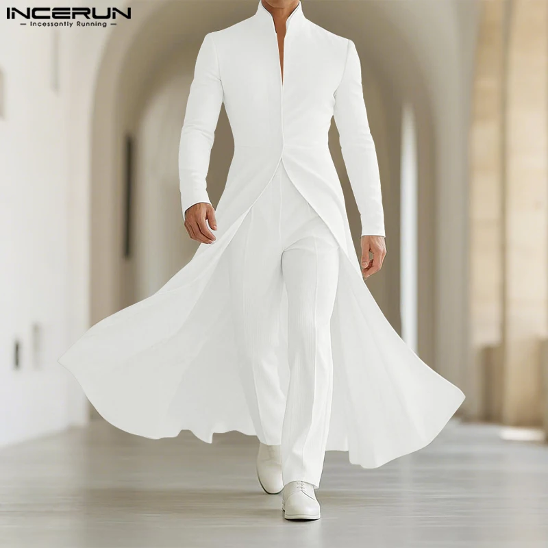 INCERUN Men Blazer Solid Color Stand Collar Long Sleeve Ruffle Long Style Blazer Men Streetwear Autumn 2025 Fashion Male Suits