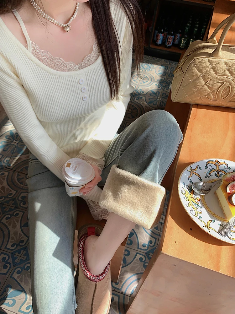 

Джинсы-клеш Chen DaYu с высокой талией, женские, зимние, на флисовой подкладке, облегающие, эластичные, длиной до щиколотки