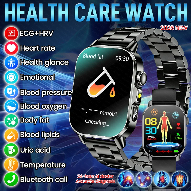 New Health Care AI Doctor Accurate Diagnosis Smart Watch ECG BP Men Three highs Uric Acid Blood Fat Bluetooth Call HD Smartwatch