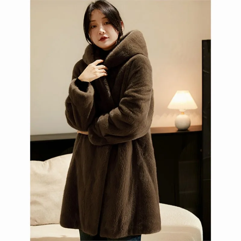 New hybrid fur coat women's hooded mid-length fleece light style